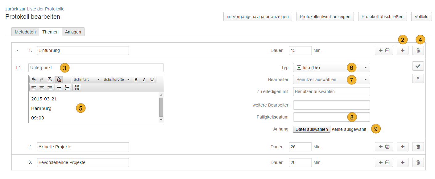 Protocol points / edit topics more details in german language