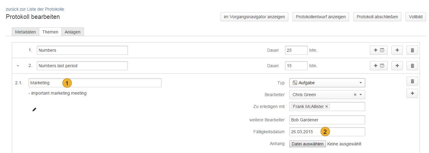 Protocol points / edit topics in german language