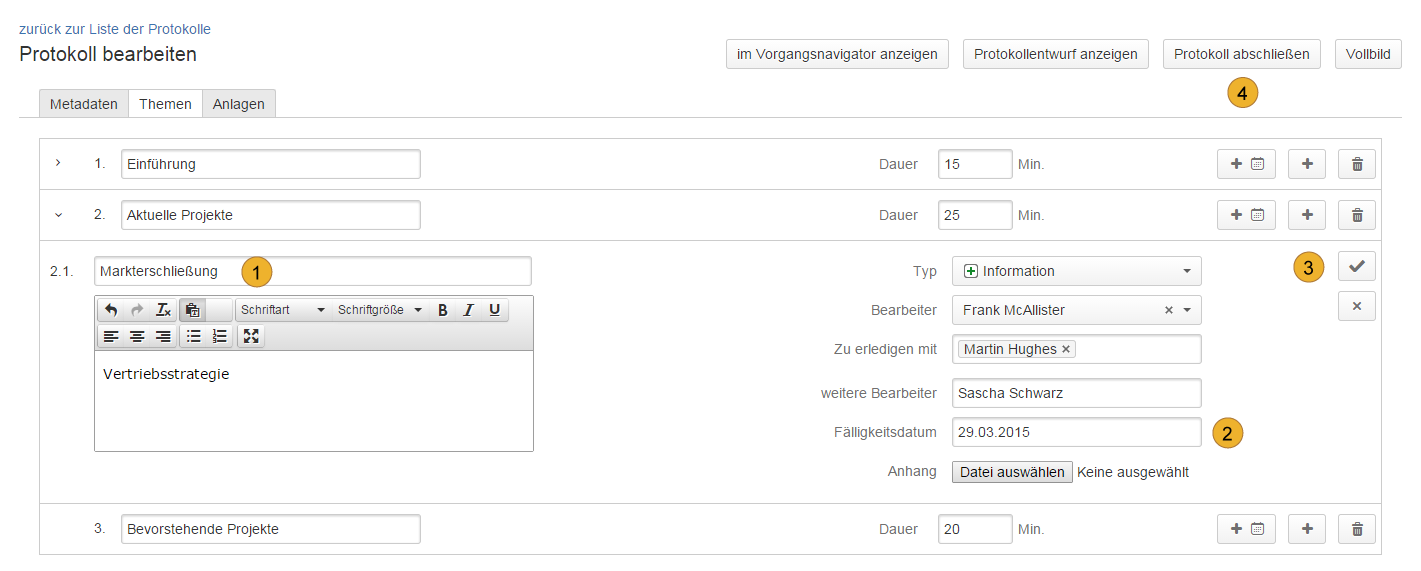 Protocol points / edit topics in german language