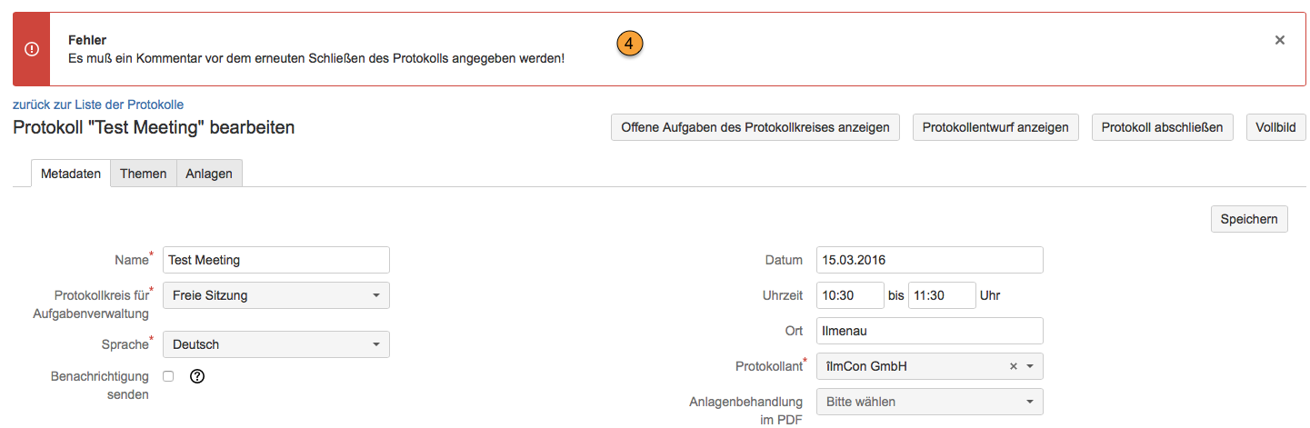AgileMinutes - Protokoll fertigstellen / Protokoll abschließen - Fehlermeldung falls kein Kommentar zum Abschluss eines wiedereröffneten Protokolls angegeben wurde